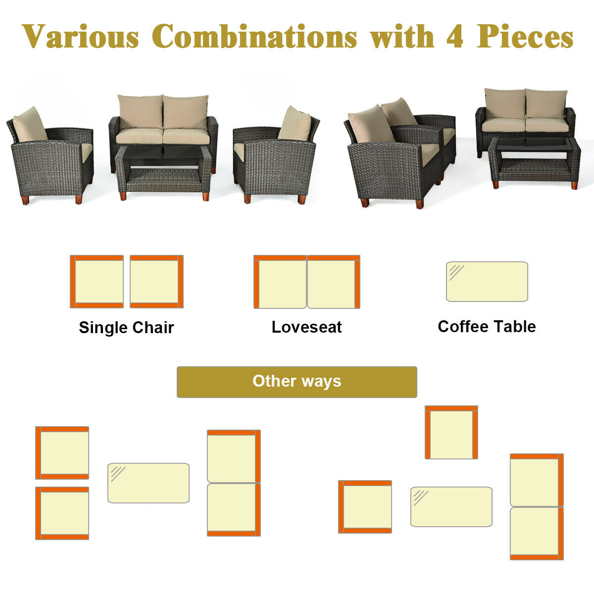 4 Pieces Patio Rattan Furniture Set with Cushions, Brown Patio Conversation Sets at Gallery Canada