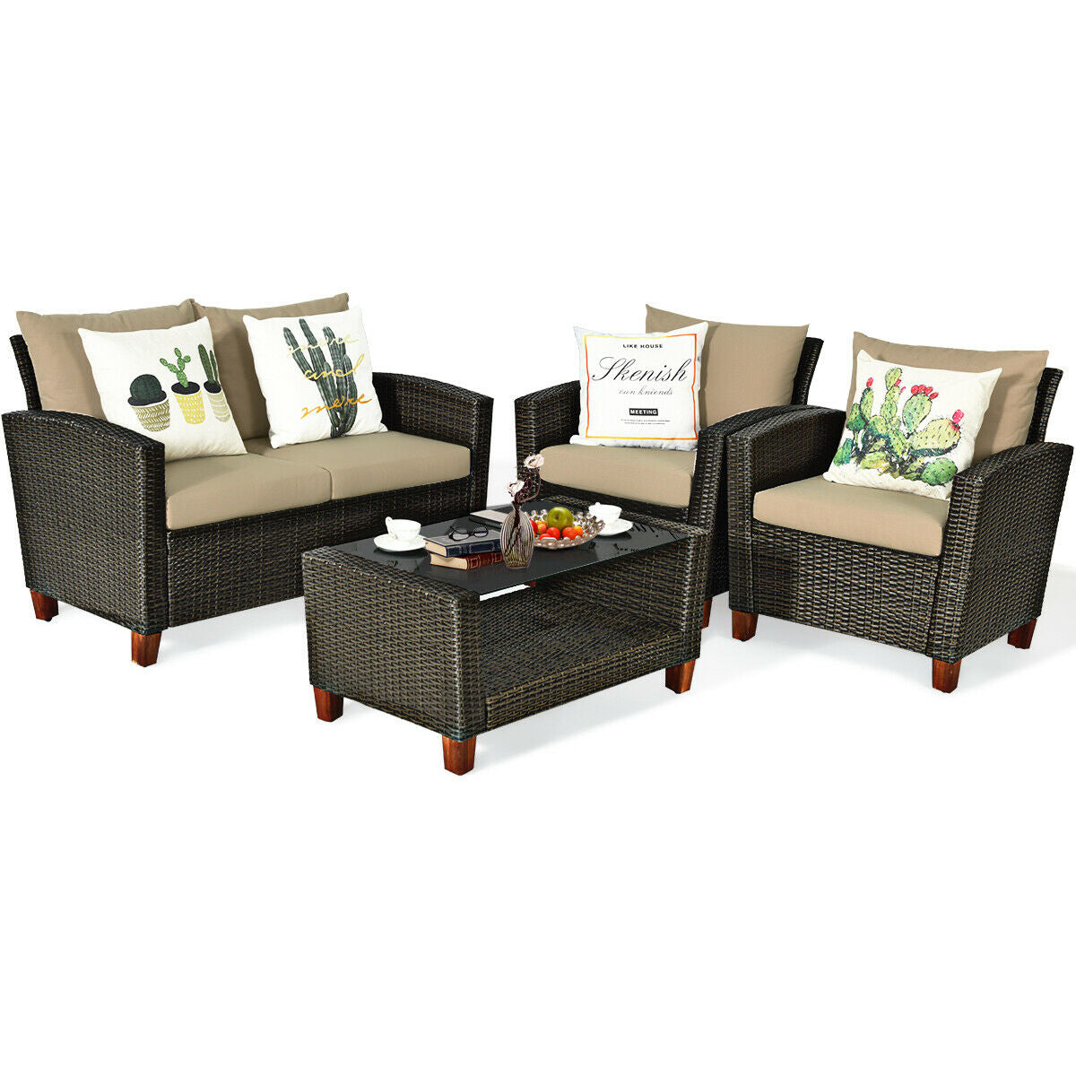 4 Pieces Patio Rattan Furniture Set with Cushions, Brown Patio Conversation Sets at Gallery Canada