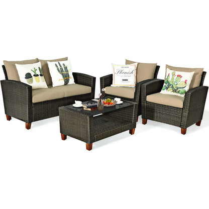 4 Pieces Patio Rattan Furniture Set with Cushions, Brown Patio Conversation Sets at Gallery Canada