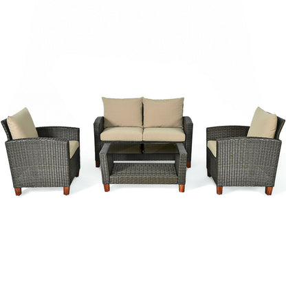 4 Pieces Patio Rattan Furniture Set with Cushions, Brown Patio Conversation Sets at Gallery Canada