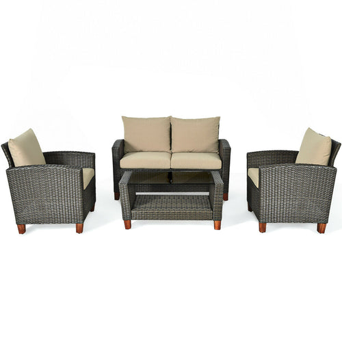 4 Piece Patio Rattan Furniture Set With Cushions, Brown