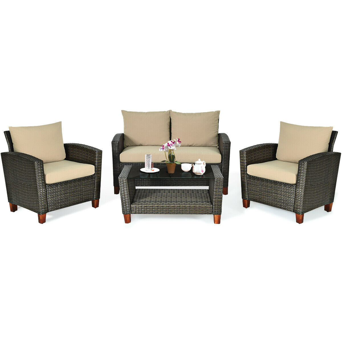 4 Pieces Patio Rattan Furniture Set with Cushions, Brown Patio Conversation Sets at Gallery Canada