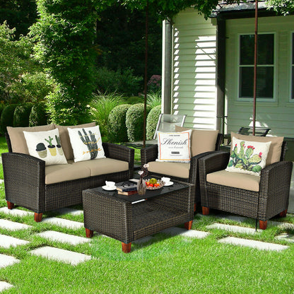 4 Pieces Patio Rattan Furniture Set with Cushions, Brown Patio Conversation Sets at Gallery Canada