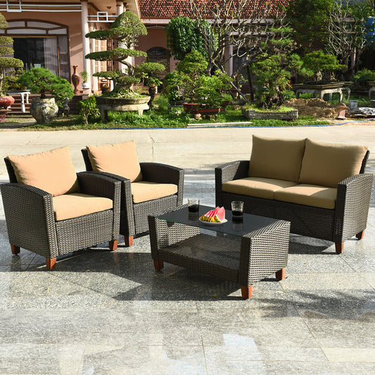 4 Piece Patio Rattan Furniture Set With Cushions, Brown Patio Conversation Sets Brown at Gallery Canada