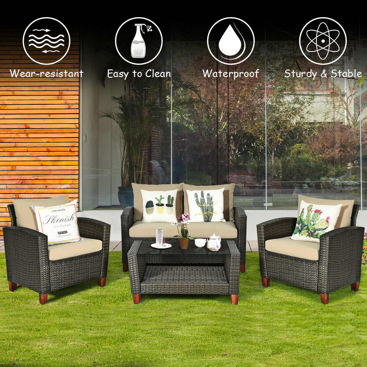 4 Pieces Patio Rattan Furniture Set with Cushions, Brown Patio Conversation Sets at Gallery Canada