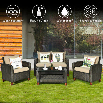 4 Pieces Patio Rattan Furniture Set with Cushions, Brown Patio Conversation Sets at Gallery Canada
