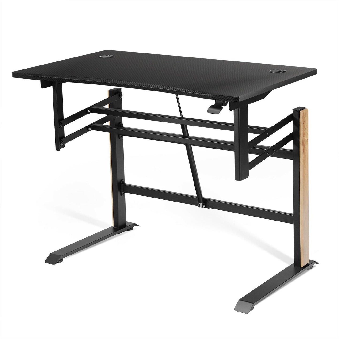Pneumatic Height Adjustable Gaming Desk T Shaped Game Station with Power Strip Tray, Black at Gallery Canada