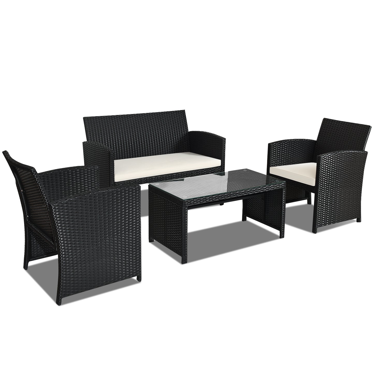 4 Piece Rattan Patio Set, Weather Resistant Cushions, Tempered Glass Tabletop, White