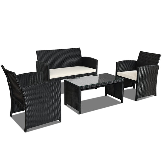 4 Piece Rattan Patio Set, Weather Resistant Cushions, Tempered Glass Tabletop, White
