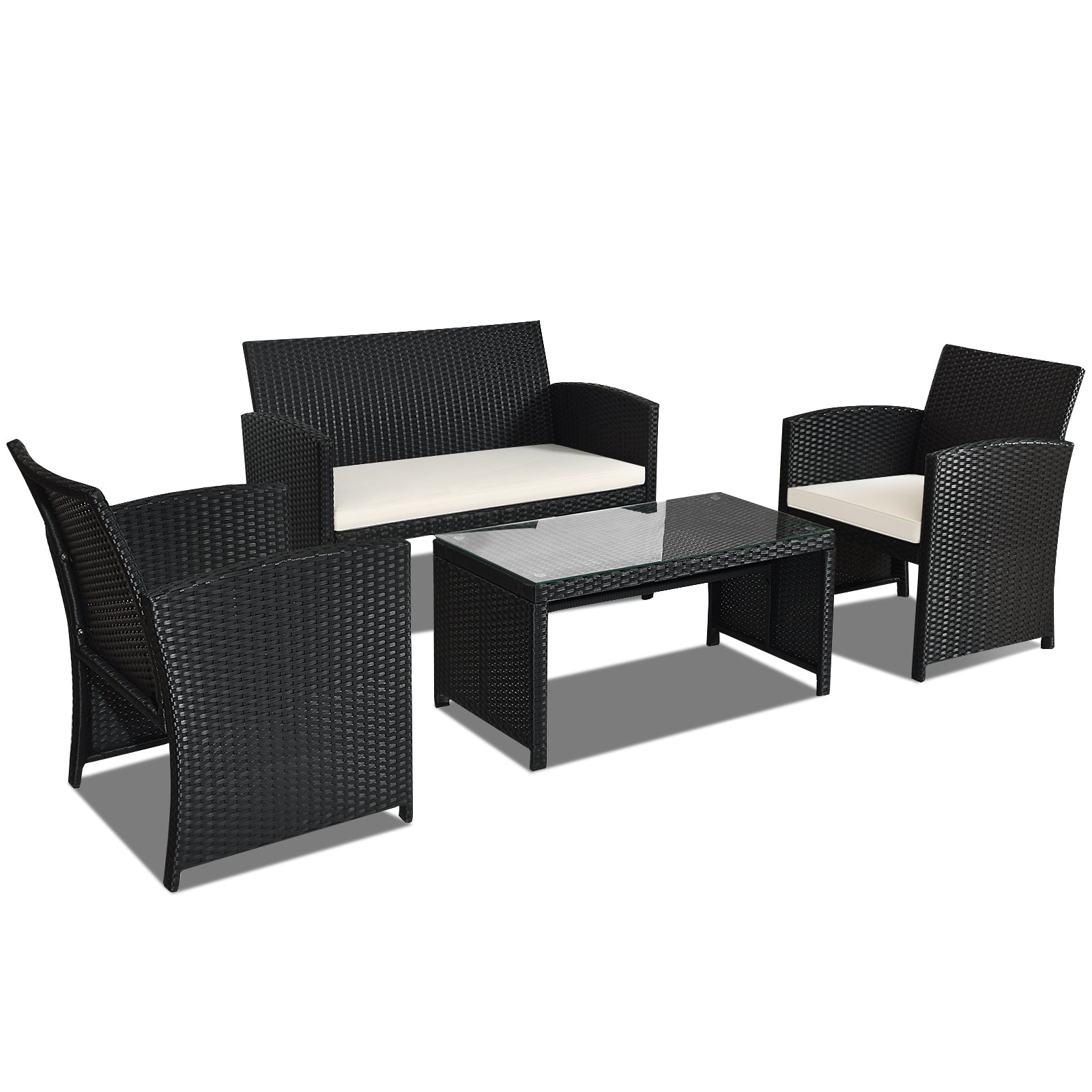 4 Pieces Rattan Patio Furniture Set with Weather Resistant Cushions and Tempered Glass Tabletop, White Patio Conversation Sets White at Gallery Canada