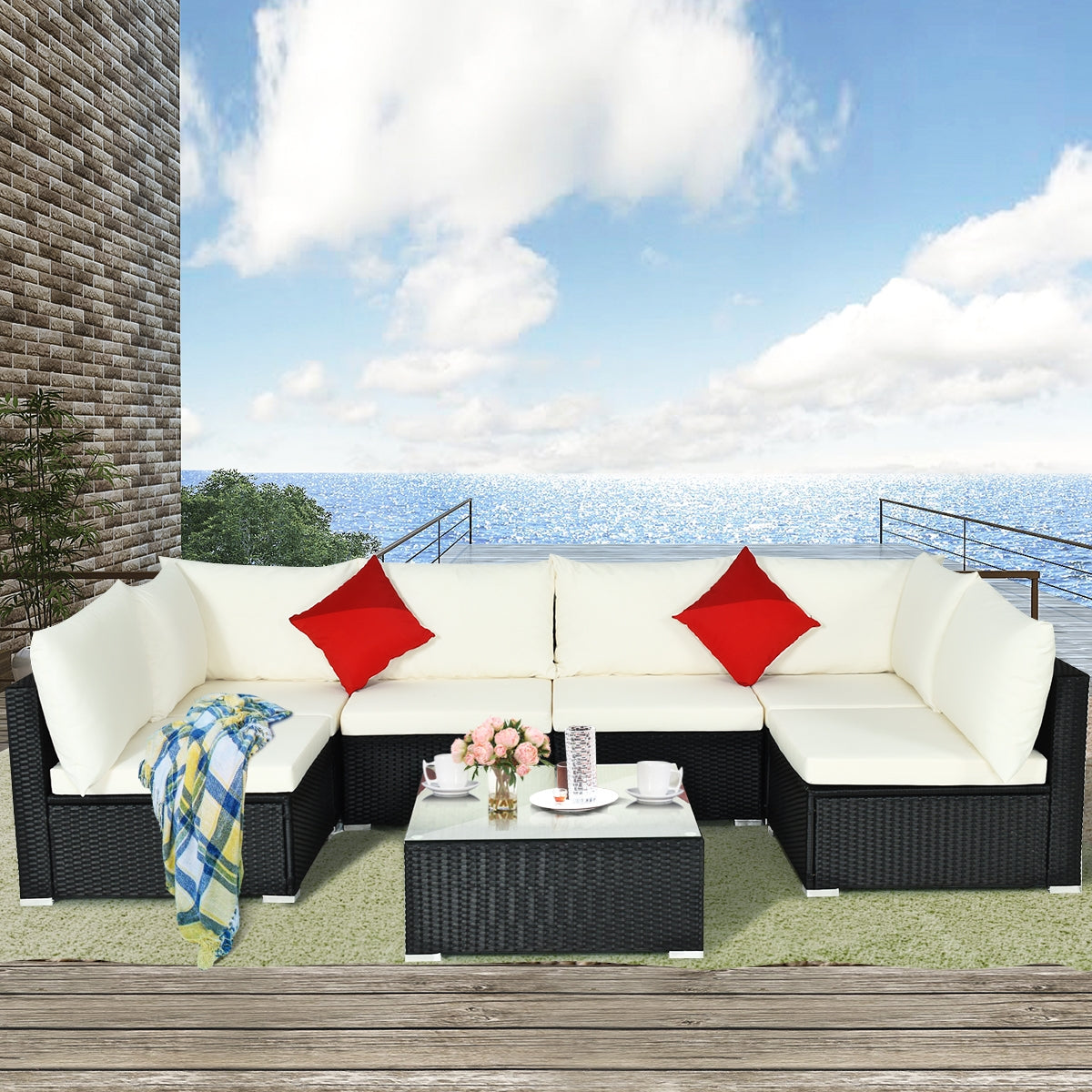 7-Piece Outdoor Sectional Wicker Patio Sofa Set with Tempered Glass Top, Beige Outdoor Sectionals at Gallery Canada