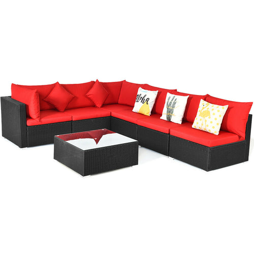 7-Piece Wicker Sectional Sofa Set, Tempered Glass Top, Red