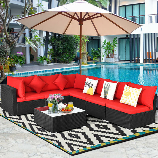 7-Piece Wicker Sectional Sofa Set, Tempered Glass Top, Red Outdoor Sectionals Red at Gallery Canada