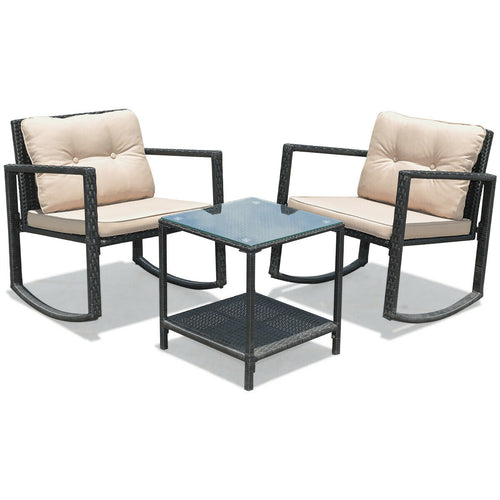 Wicker Rocking Bistro Set, 3 Pieces, Glass Coffee Table, Storage Shelf, Beige