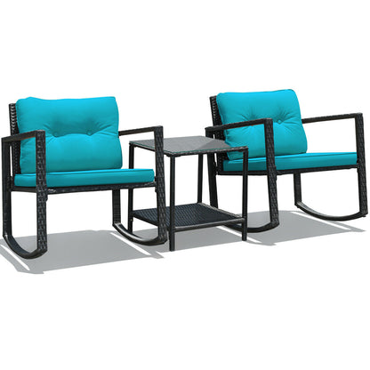3 Pcs Wicker Rocking Bistro Set with Glass Coffee Table and Storage Shelf, Blue Patio Conversation Sets at Gallery Canada