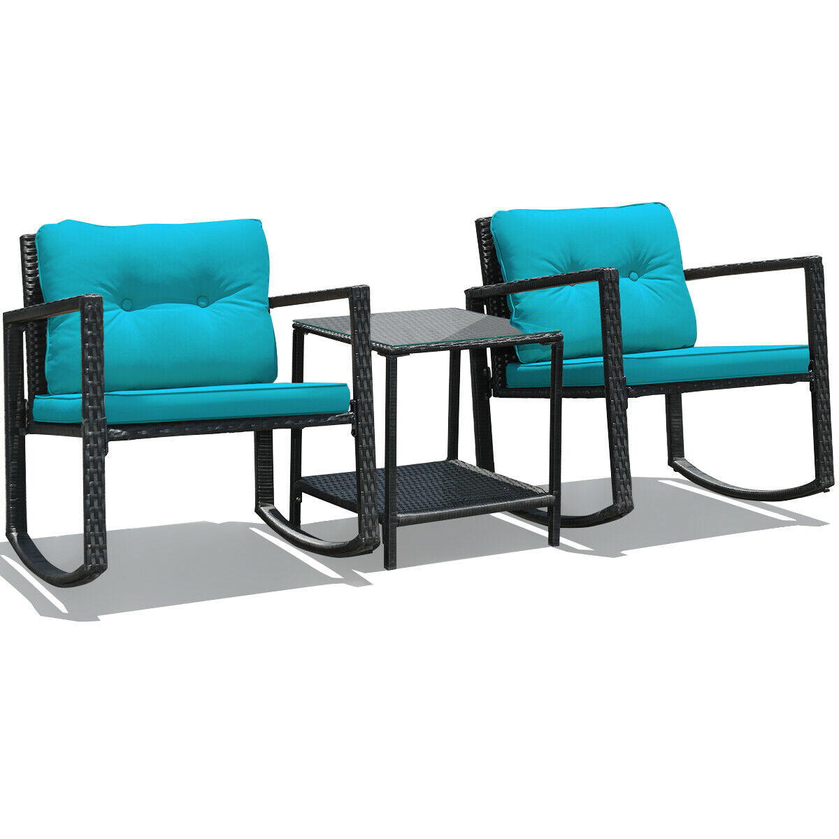 Wicker Rocking Bistro Set, Glass Coffee Table, Storage Shelf, Blue Patio Conversation Sets Blue at Gallery Canada