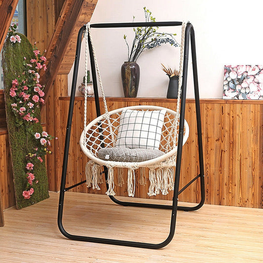 Hanging Macrame Hammock Chair with Handwoven Cotton Backrest, Natural - Gallery Canada