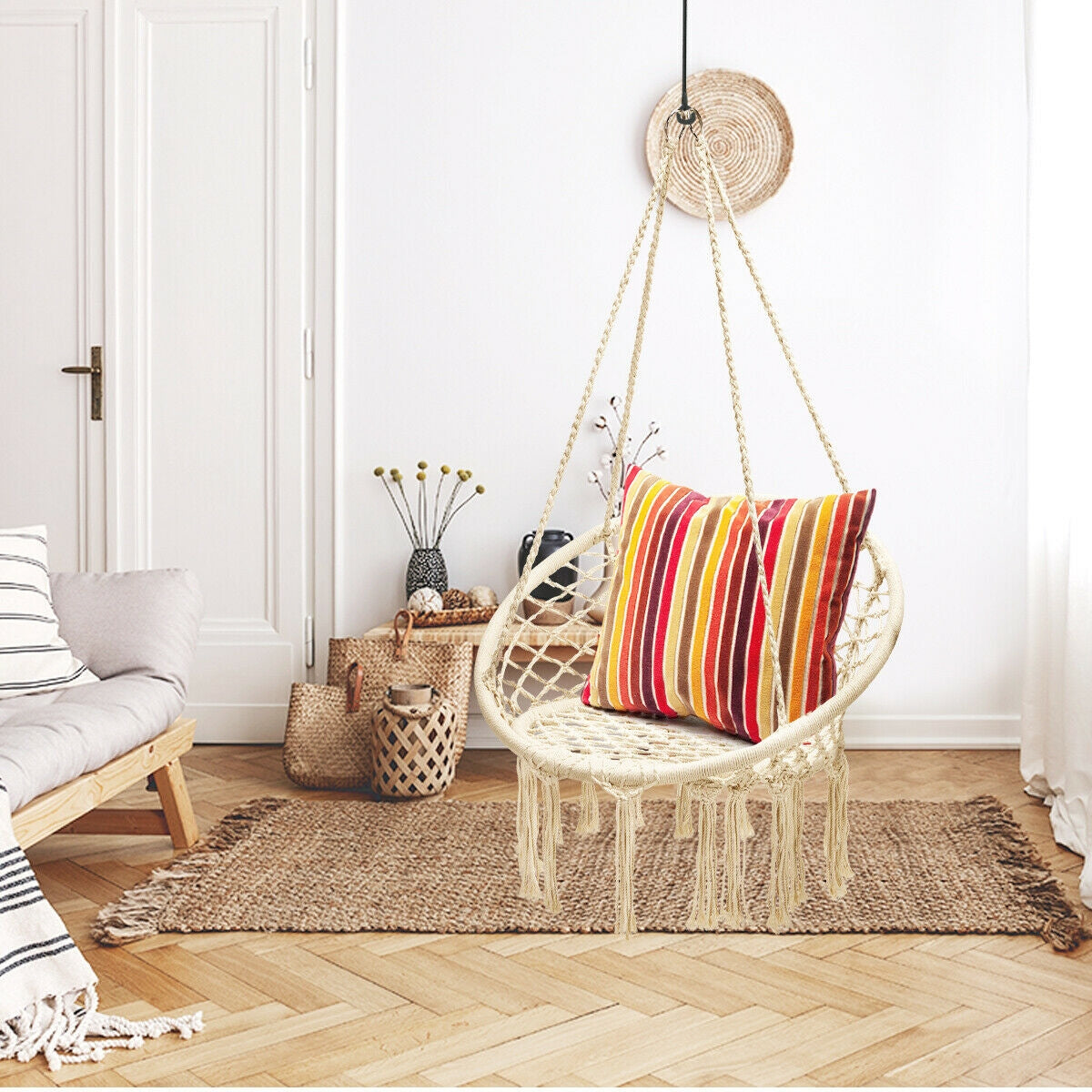 Hanging Macrame Hammock Chair, Handwoven Cotton Backrest, Natural Hammocks at Gallery Canada