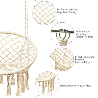 Hanging Macrame Hammock Chair with Handwoven Cotton Backrest, Natural - Gallery Canada