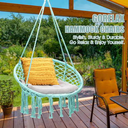 Hanging Macrame Hammock Chair with Handwoven Cotton Backrest, Turquoise - Gallery Canada