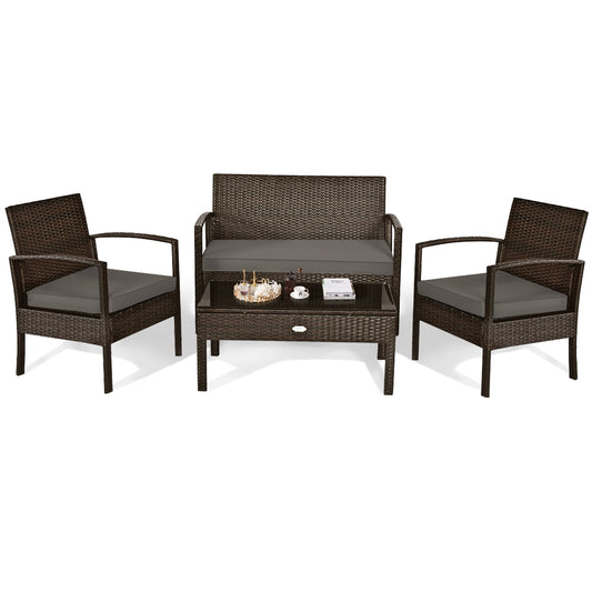 4 Pieces Patio Rattan Cushioned Furniture Set with Loveseat and Table , Brown Patio Conversation Sets Brown at Gallery Canada