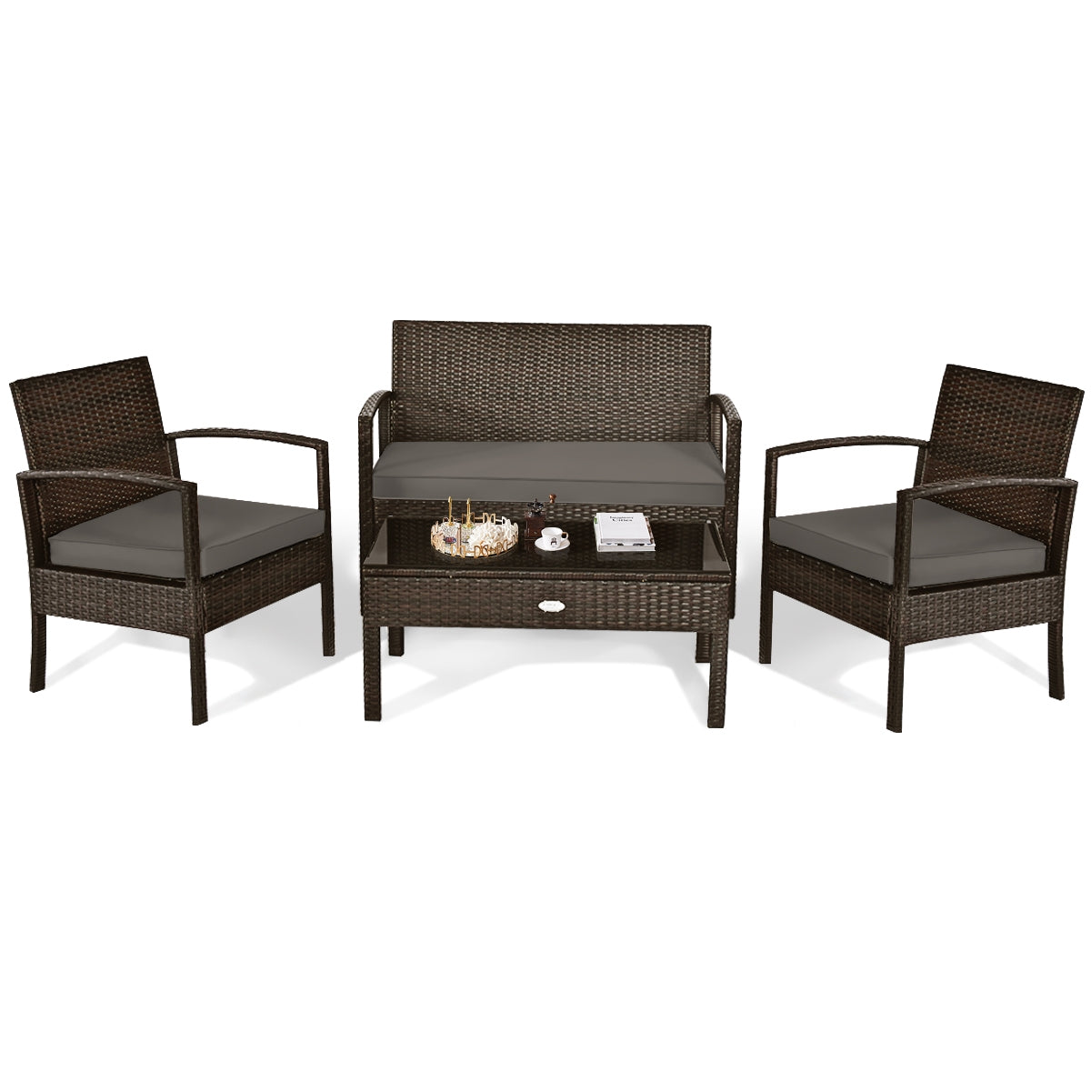 4 Piece Patio Rattan Cushioned Furniture Set, Loveseat and Table, Brown Patio Conversation Sets Brown at Gallery Canada
