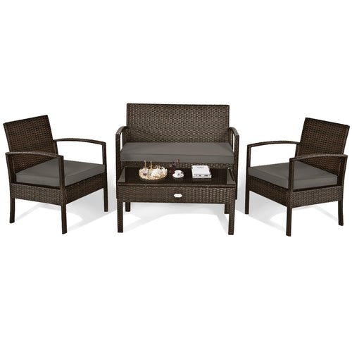 4 Piece Patio Rattan Cushioned Furniture Set, Loveseat and Table, Brown