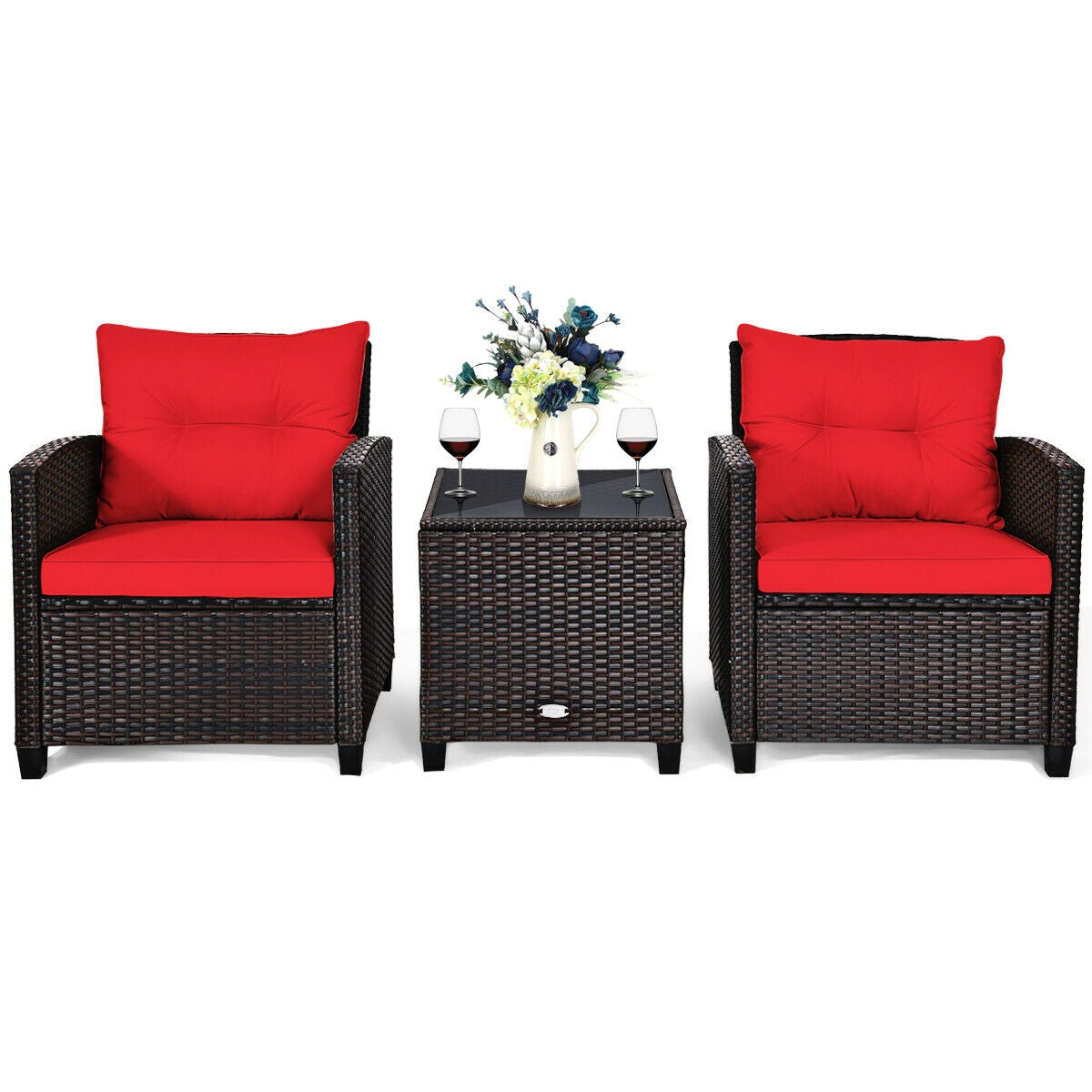 3 Pieces Cushioned Rattan Patio Conversation Set with Coffee Table, Red Patio Conversation Sets at Gallery Canada
