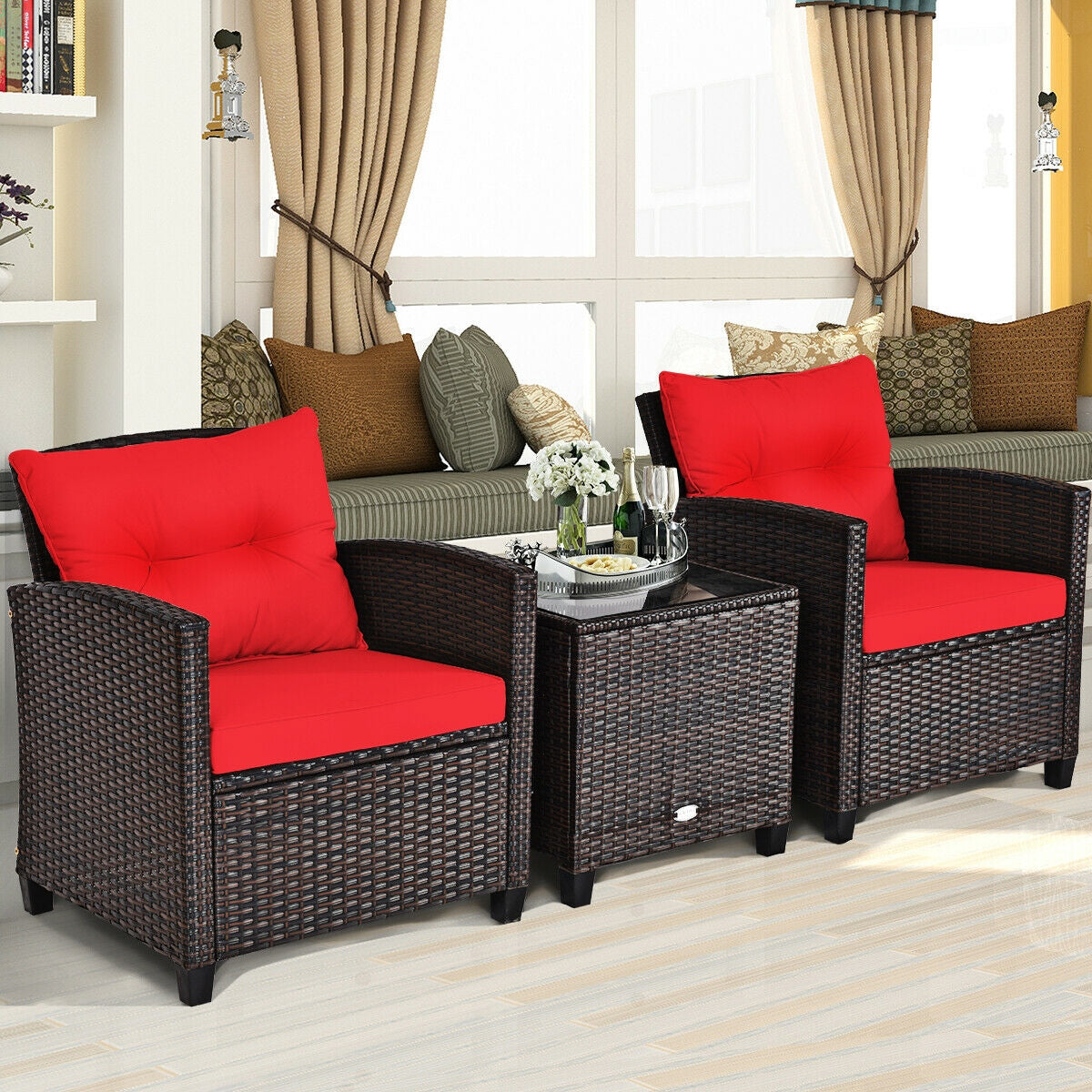 3 Pieces Cushioned Rattan Patio Conversation Set with Coffee Table, Red Patio Conversation Sets at Gallery Canada