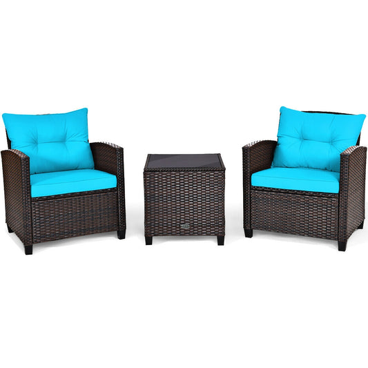 3 Pieces Cushioned Rattan Patio Conversation Set with Coffee Table, Turquoise Patio Conversation Sets Turquoise at Gallery Canada