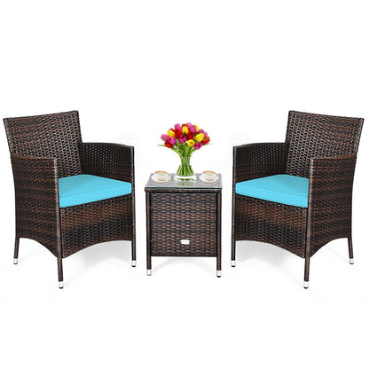 3 Pcs Patio Furniture Set, Outdoor Wicker Rattan, Blue