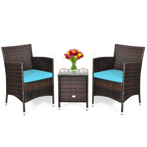 3 Pcs Patio Furniture Set, Outdoor Wicker Rattan, Blue