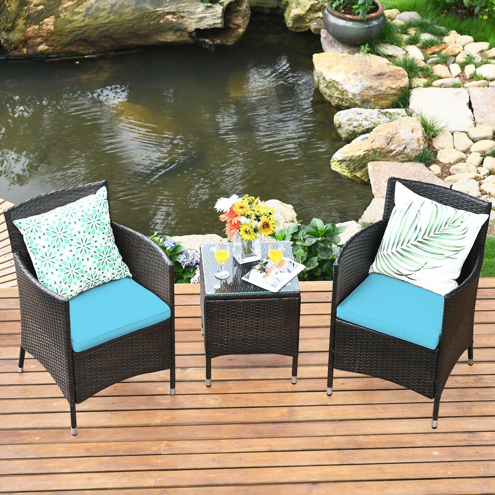 3 Pcs Patio Furniture Set Outdoor Wicker Rattan Set, Blue Patio Conversation Sets at Gallery Canada