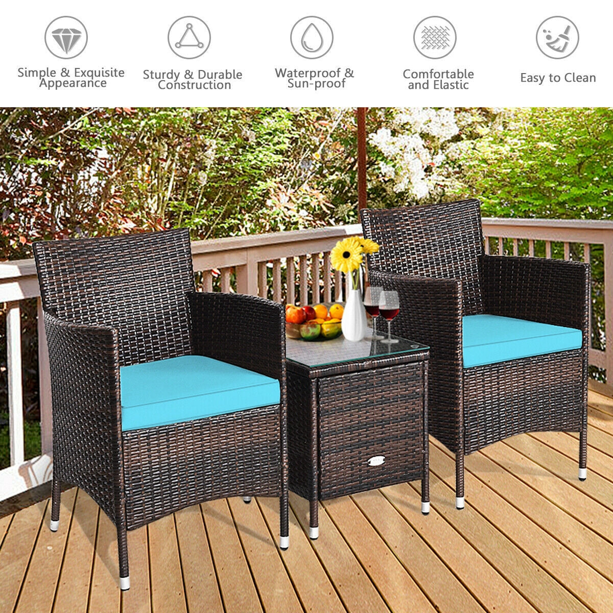 3 Pcs Patio Furniture Set Outdoor Wicker Rattan Set, Blue Patio Conversation Sets at Gallery Canada
