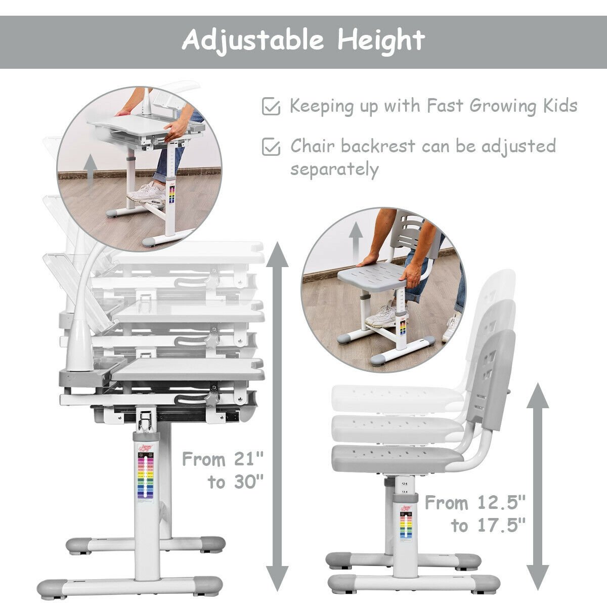 Adjustable Kids Desk Chair Set with Lamp and Bookstand, Gray - Gallery Canada