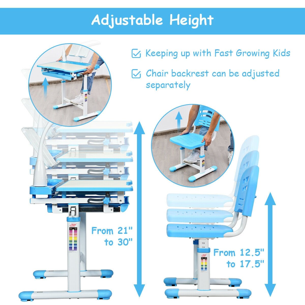 Adjustable Kids Desk Chair Set with Lamp and Bookstand, Blue - Gallery Canada
