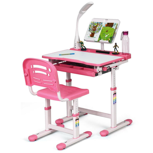 Adjustable Kids Desk Chair Set with Lamp and Bookstand, Pink - Gallery Canada