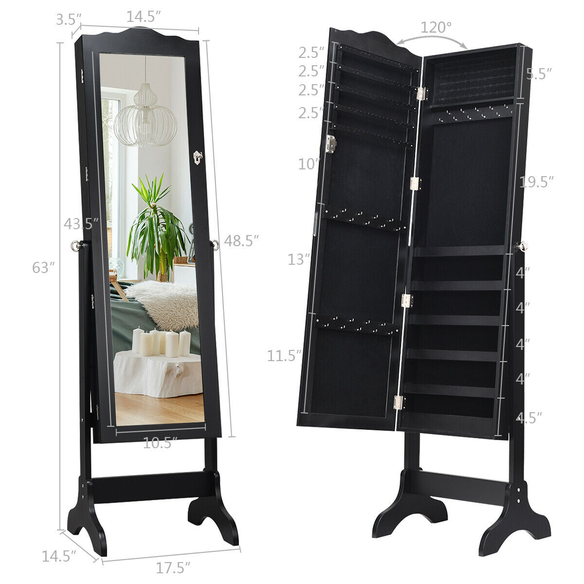 Mirrored Lockable Jewelry Cabinet Armoire Organizer Storage Box, Black Jewelry Armoires at Gallery Canada