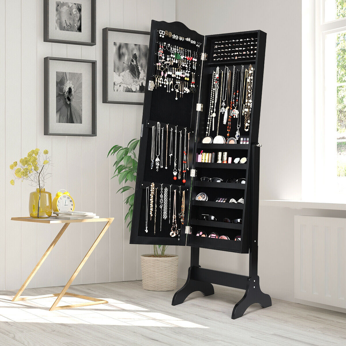 Mirrored Lockable Jewelry Cabinet Armoire Organizer Storage Box, Black Jewelry Armoires at Gallery Canada