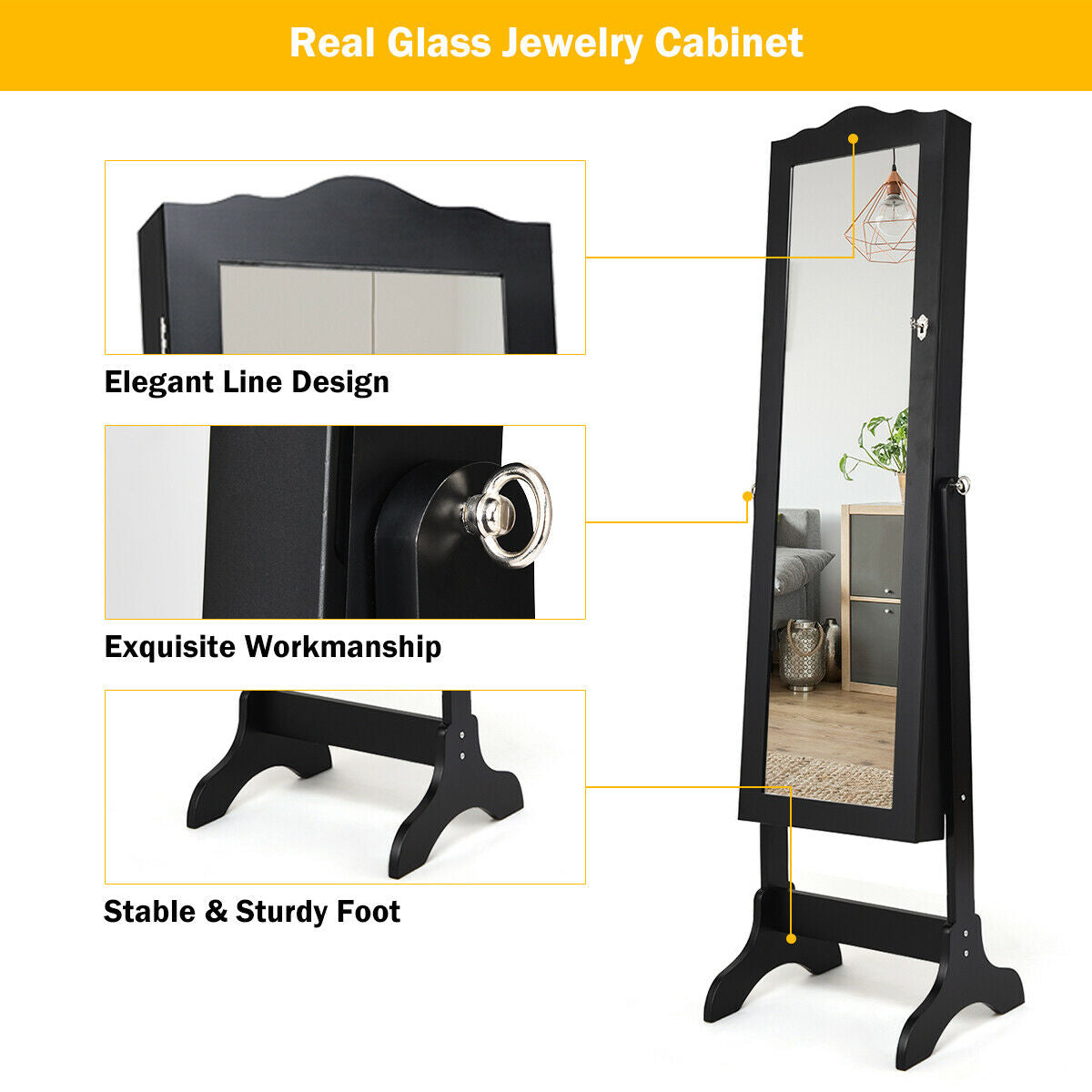 Mirrored Lockable Jewelry Cabinet Armoire Organizer Storage Box, Black Jewelry Armoires at Gallery Canada