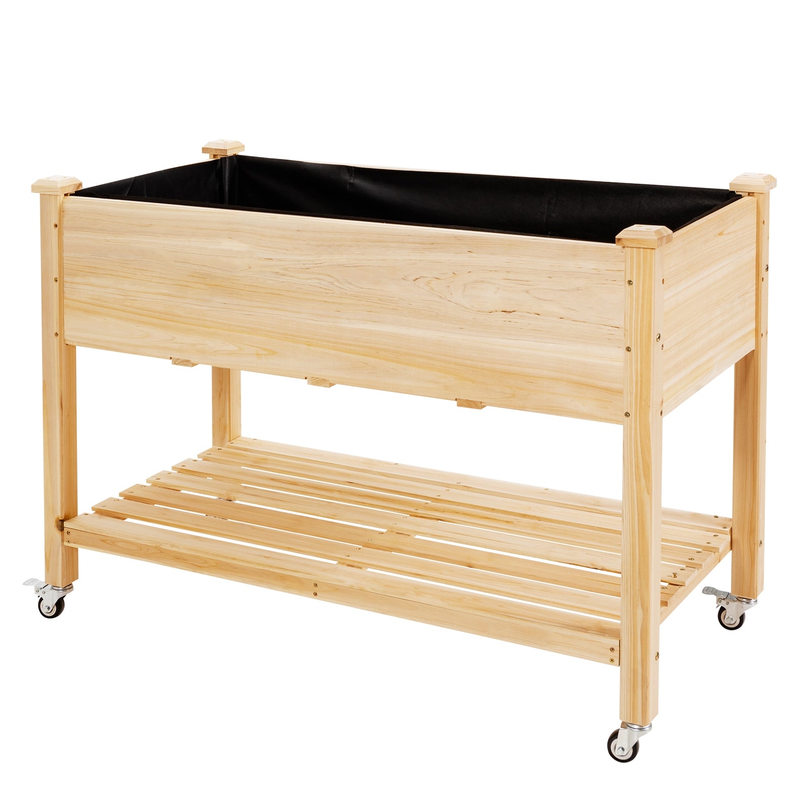 Wood Elevated Planter Bed with Lockable Wheels Shelf and Liner, Natural Raised Garden Beds Natural at Gallery Canada