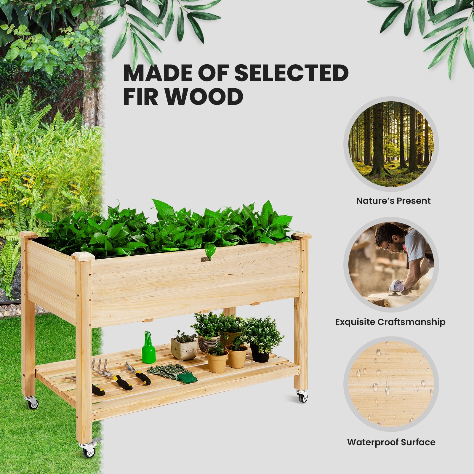 Wood Elevated Planter Bed with Lockable Wheels Shelf and Liner, Natural Raised Garden Beds at Gallery Canada
