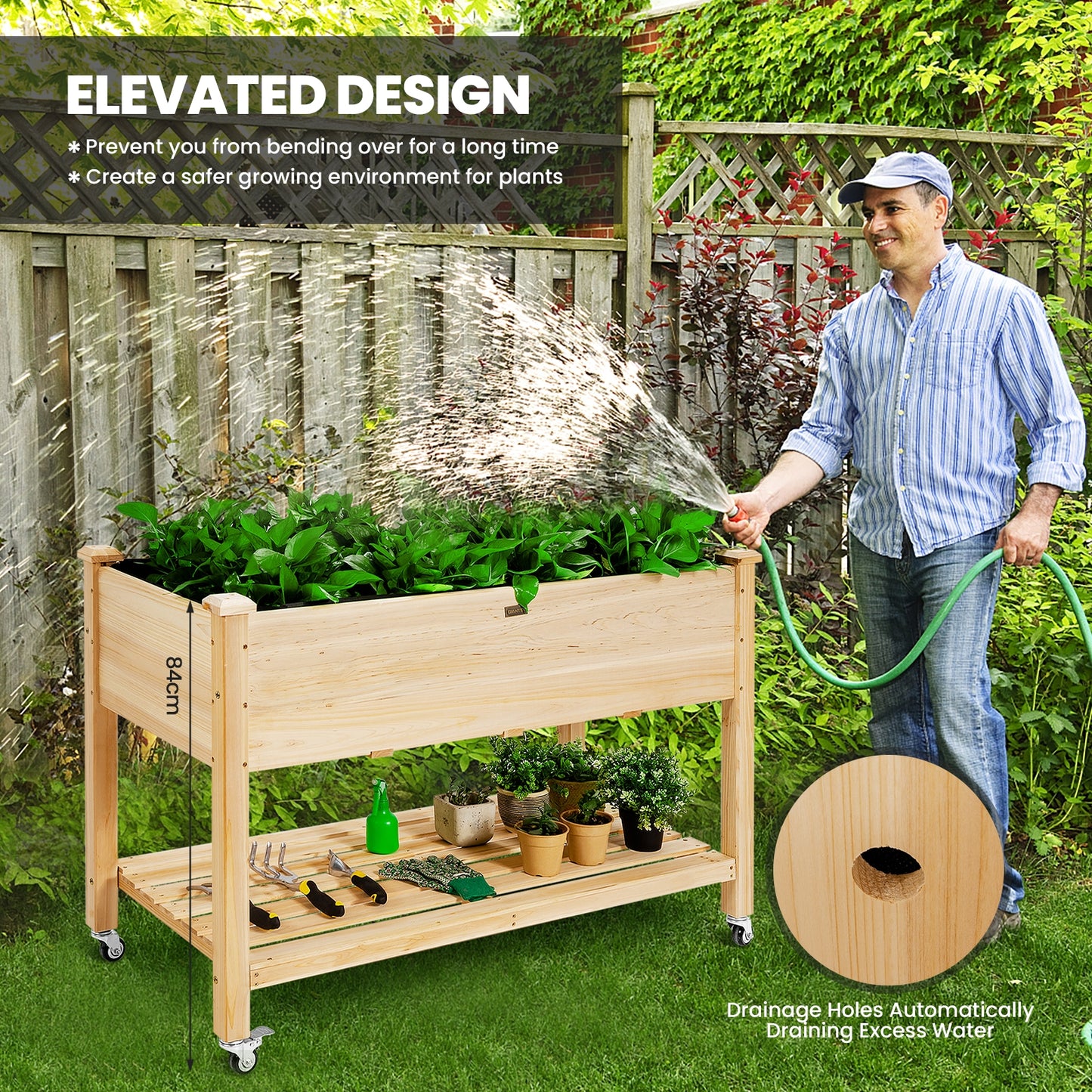 Wood Elevated Planter Bed with Lockable Wheels Shelf and Liner, Natural Raised Garden Beds at Gallery Canada