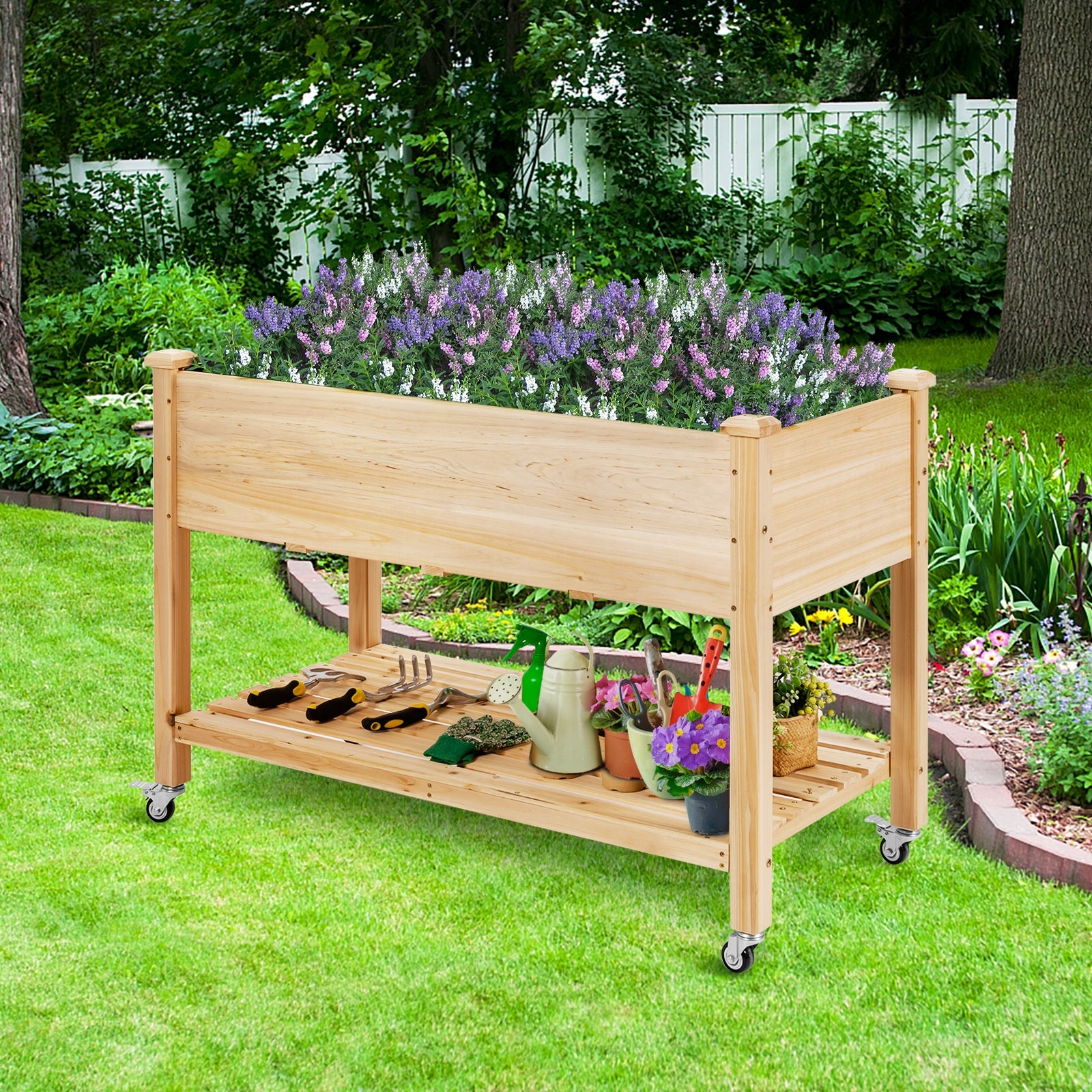 Wood Elevated Planter Bed with Lockable Wheels Shelf and Liner, Natural Raised Garden Beds at Gallery Canada