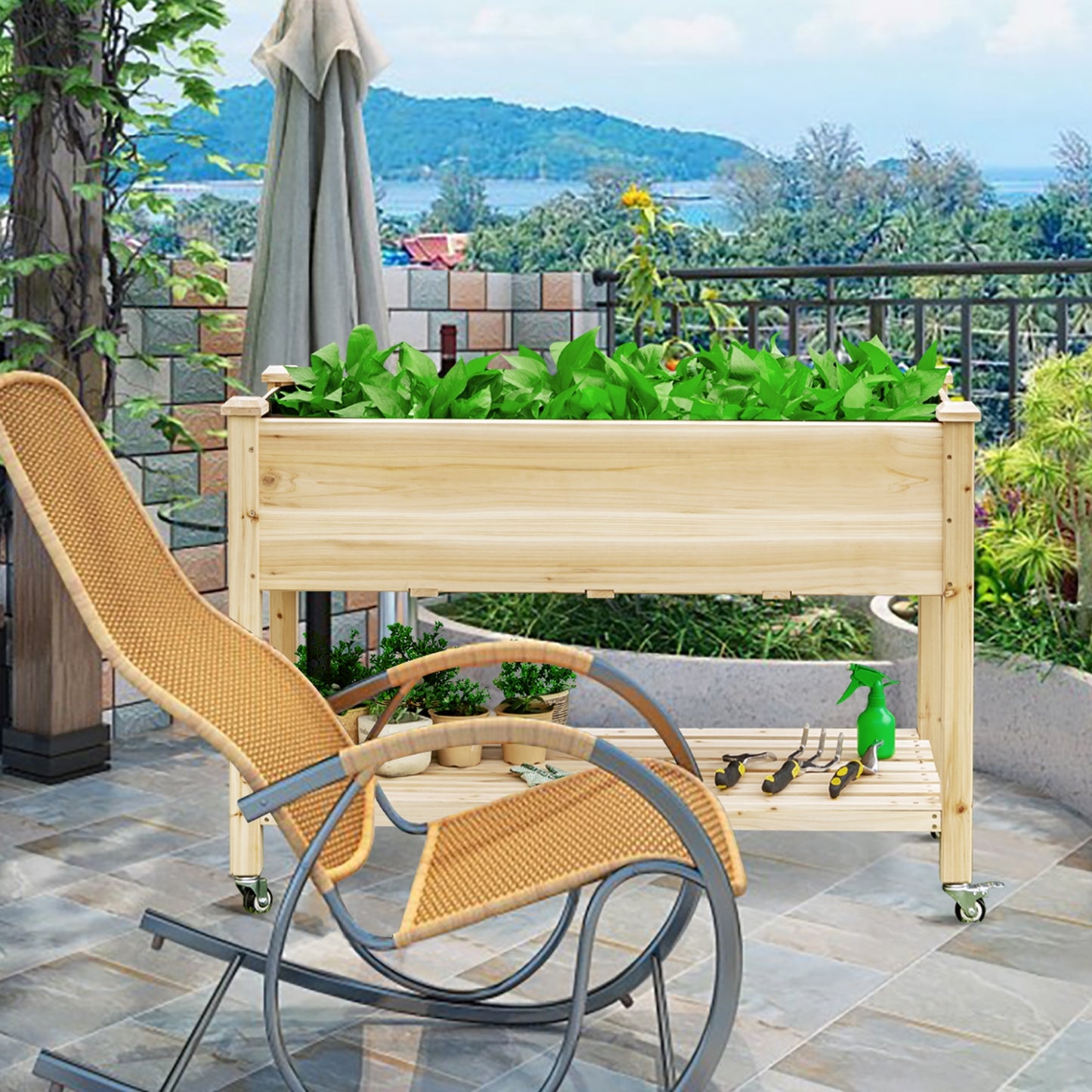 Wood Elevated Planter Bed with Lockable Wheels Shelf and Liner, Natural Raised Garden Beds at Gallery Canada