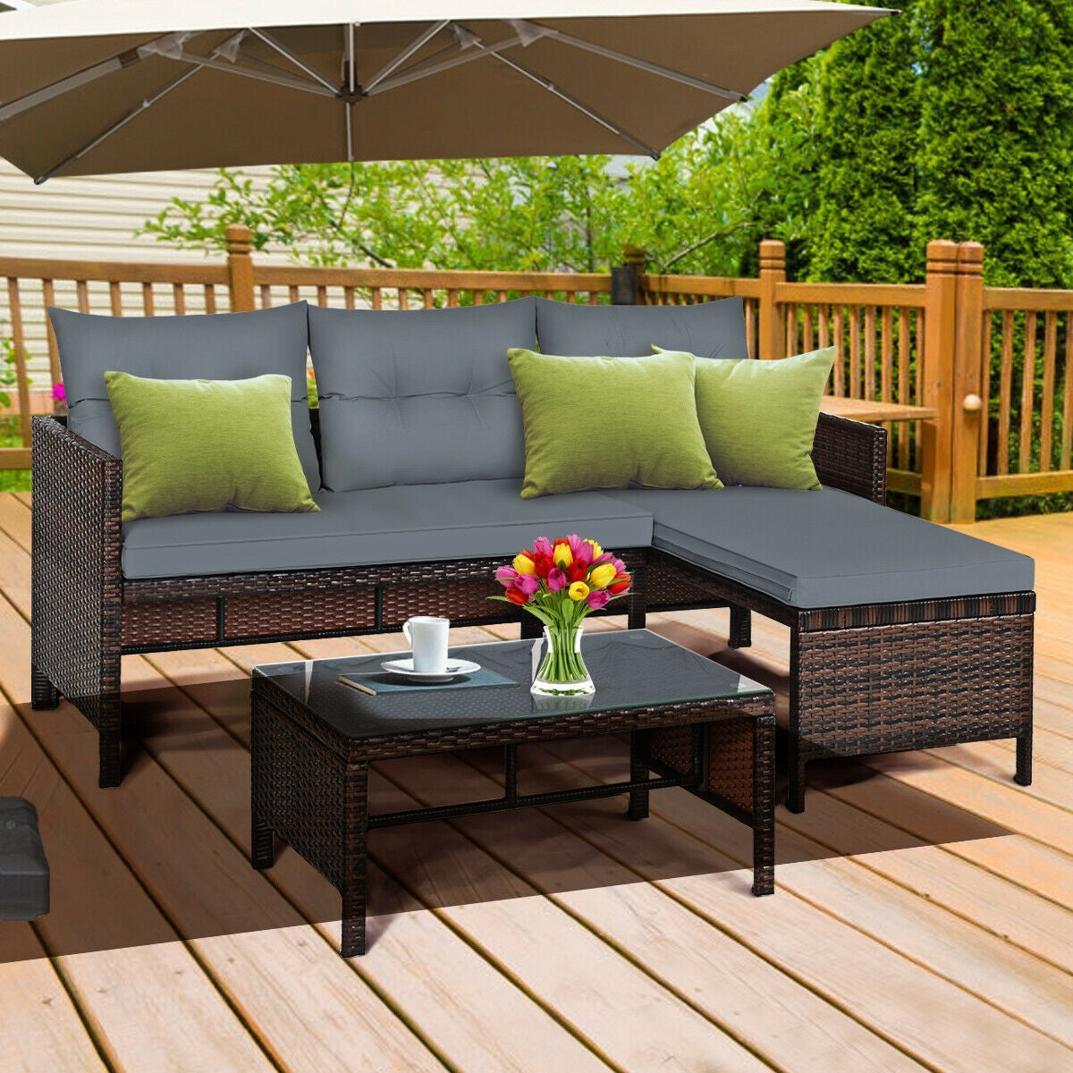 3 Pieces Patio Wicker Rattan Sofa Set, Gray Patio Conversation Sets at Gallery Canada