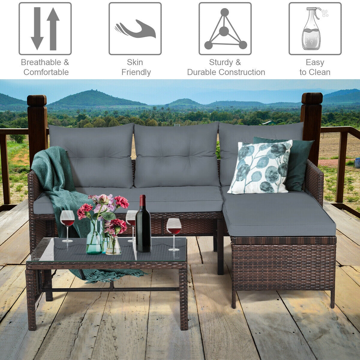 3 Pieces Patio Wicker Rattan Sofa Set, Gray Patio Conversation Sets at Gallery Canada
