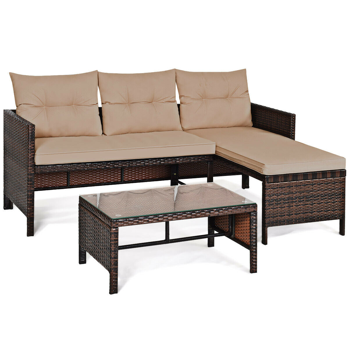 3 Piece Patio Wicker Rattan Sofa Set, Beige