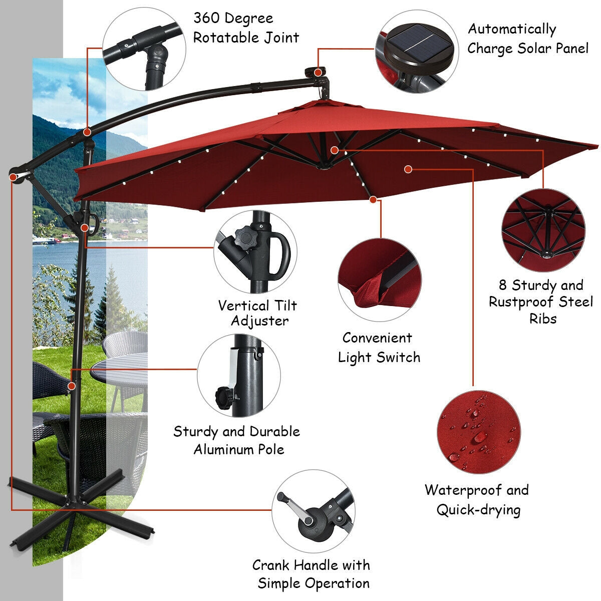 10 ft 360° Rotation Solar Powered LED Patio Offset Umbrella without Weight Base, Dark Red Outdoor Umbrellas at Gallery Canada