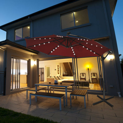 10 ft 360° Rotation Solar Powered LED Patio Offset Umbrella without Weight Base, Dark Red Outdoor Umbrellas at Gallery Canada